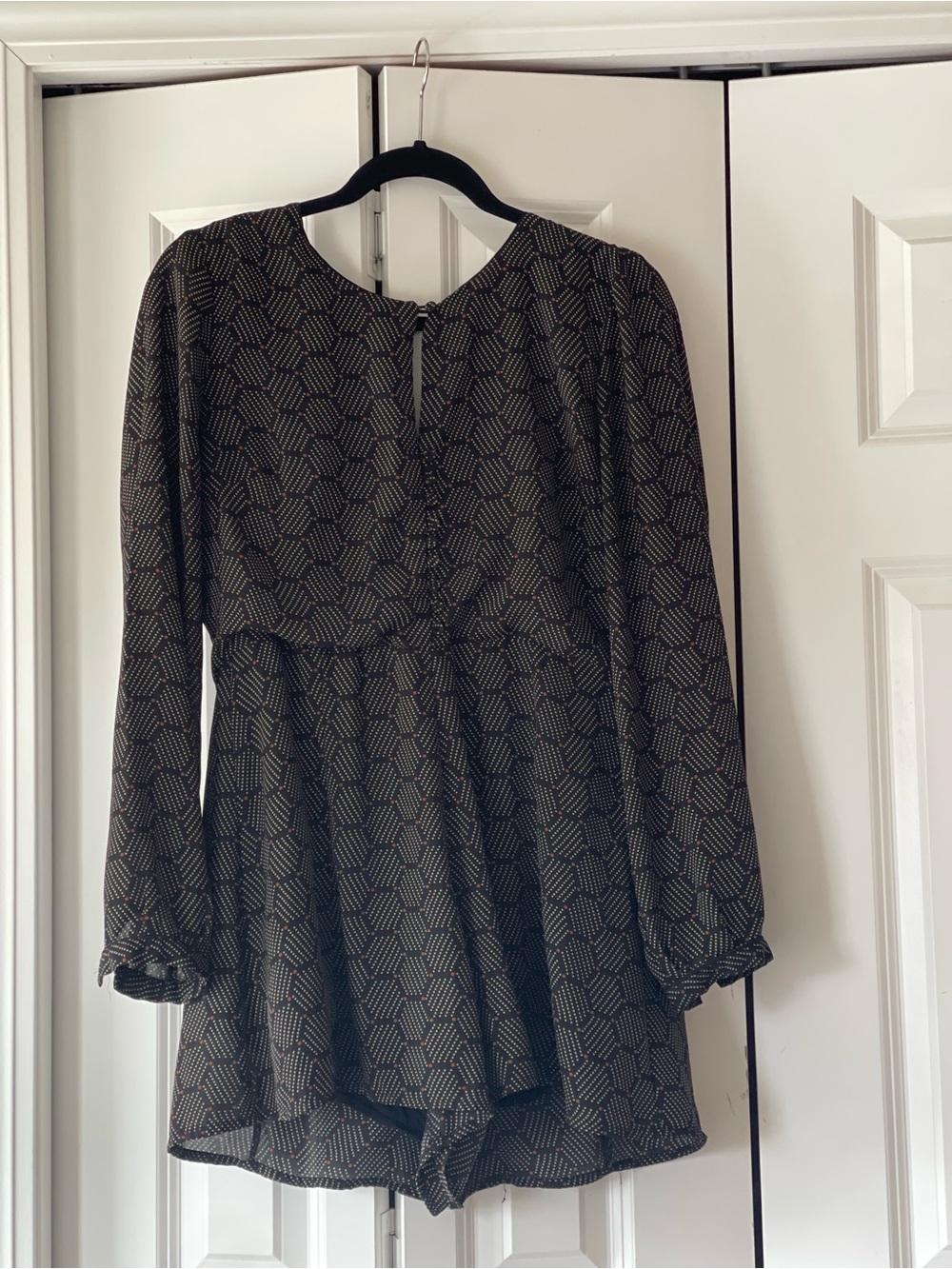Geo-Print Long Sleeve Romper in Black